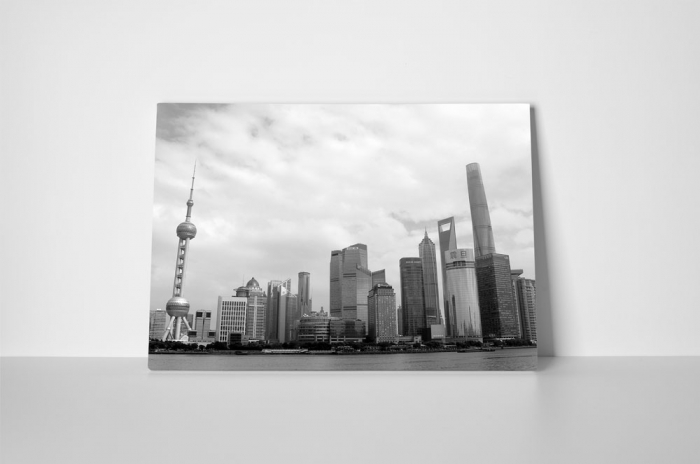 Tablou canvas : Pudong skyline alb-negru [2]