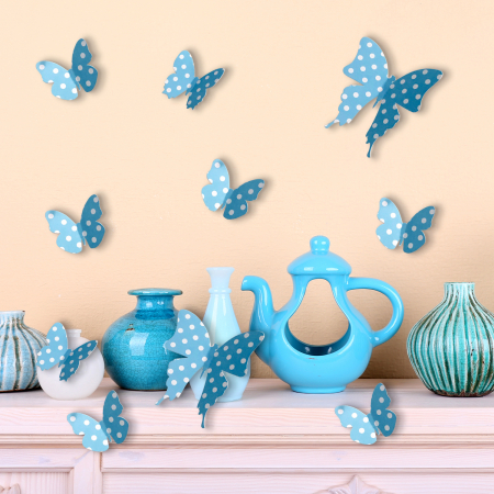 Stickere 3D - 10 Fluturi 3D - Blue White Dots Butterflies