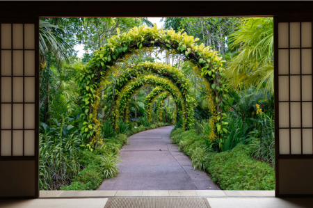 Fototapet vinyl cu efect 3D Usa Shoji - Beautiful arch with flowers plants - 360x240 cm [1]
