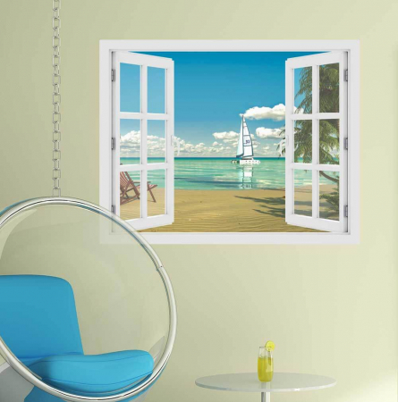 Stickere - Fereastra cu efect 3D - Plaja tropicala - 119x93 cm