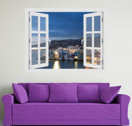 Stickere imprimate - Fereastra cu efect 3D - Mykonos, Grecia - 119x93 cm