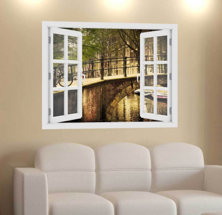 Stickere - Fereastra cu efect 3D - Canal in Amsterdam - 119x93 cm