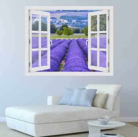 Stickere imprimate - Fereastra cu efect 3D - Camp de Lavanda in Provence - 119x93 cm