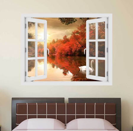 Stickere imprimate - Fereastra cu efect 3D - Lebada in apus de soare - 119x93 cm