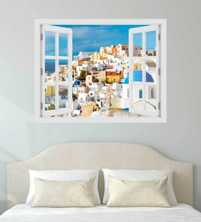 Stickere imprimate - Fereastra cu efect 3D - Santorini, Grecia - 119x93 cm