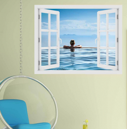 Stickere imprimate - Fereastra cu efect 3D - Relaxare in piscina - 119x93 cm