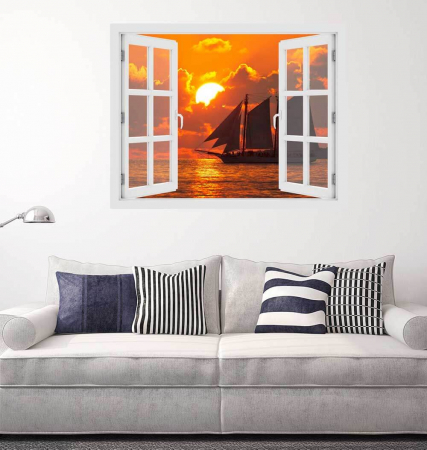 Stickere imprimate - Fereastra cu efect 3D - Sunset boat sailing - 119x93 cm