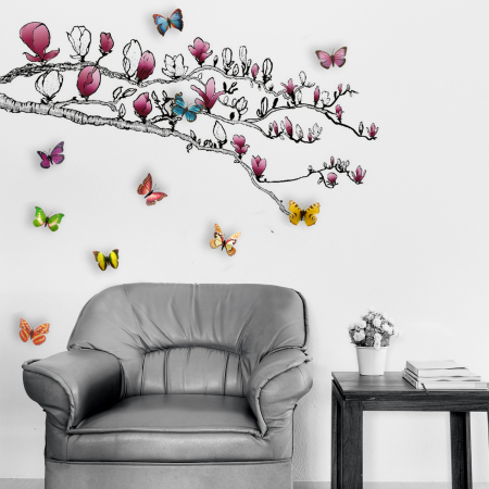 Sticker Magnolia and Colourful Butterflies [0]