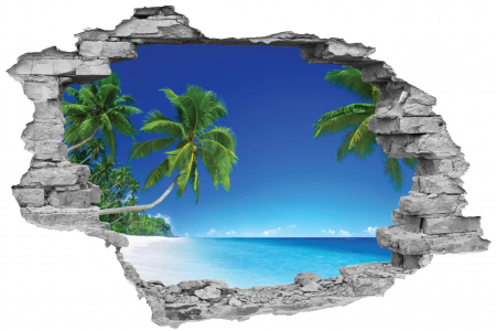 Privire prin perete - Sticker cu efect 3D - Palmieri pe plaja