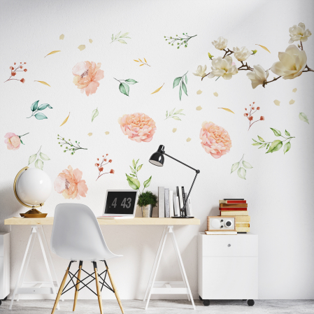 Sticker White Magnolia With Pink Watercolour Flowers [1]