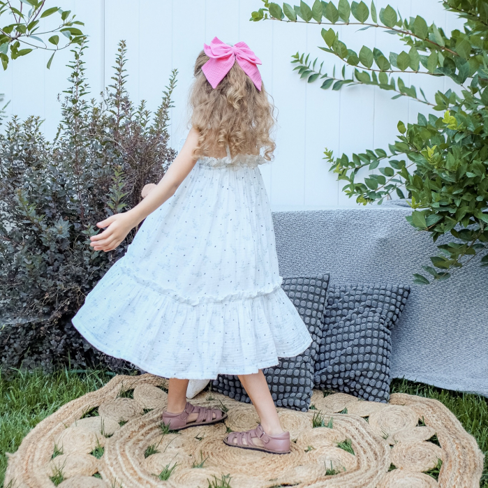 Rochita cu bretelute și fundita mare din muselină cu floricele [4]