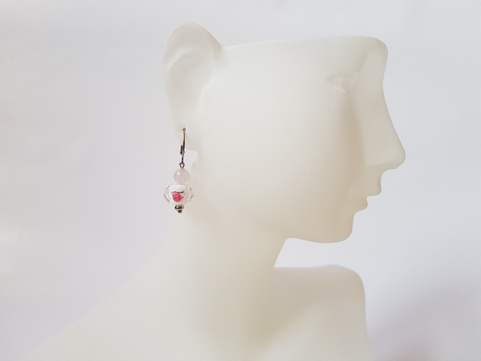 Cercei cu cuart roz si margele lampwork [3]