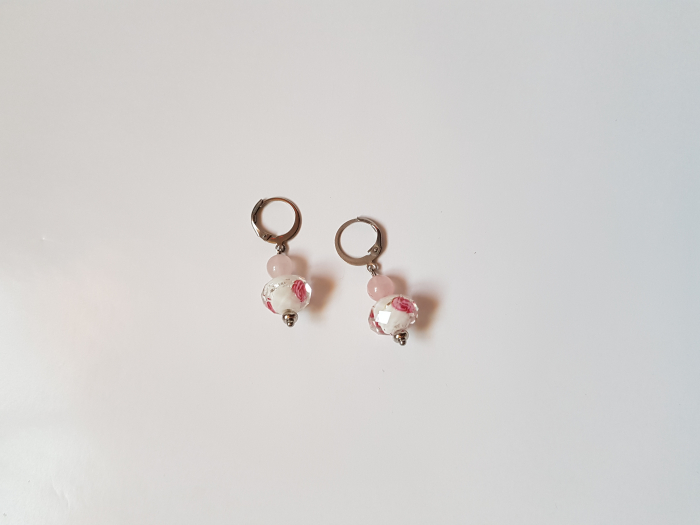 Cercei cu cuart roz si margele lampwork [4]