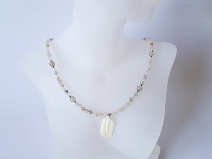 Colier agate, hematit si pandantiv frunza sidef [4]