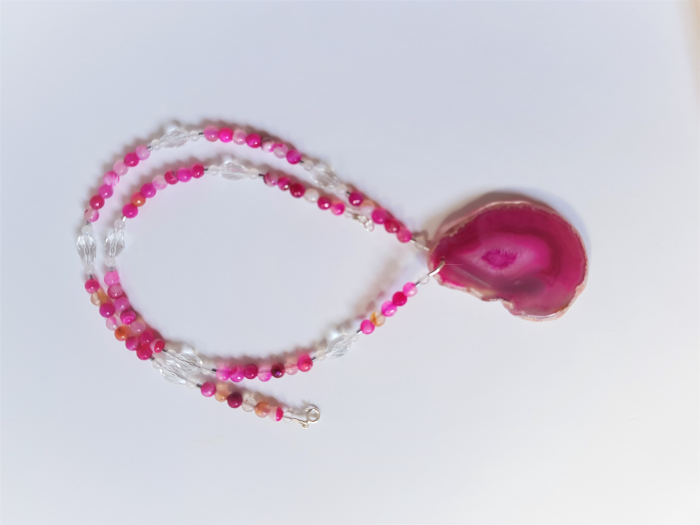 Colier cu agate dantelate fucsia si pandantiv felie agat [5]