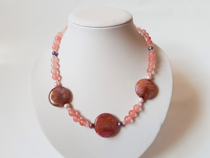 Colier cu cuart cherry, agate mari si perle de cultura [5]