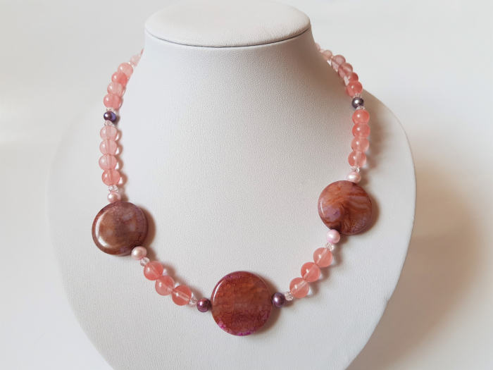 Colier cu cuart cherry, agate mari si perle de cultura [2]