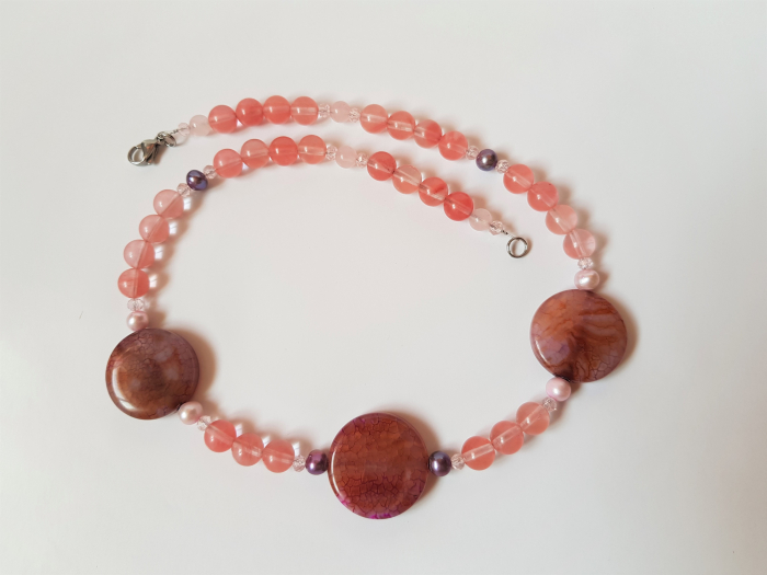 Colier cu cuart cherry, agate mari si perle de cultura [4]