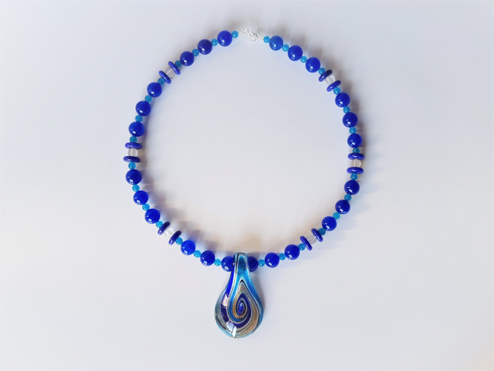Colier cu jad bleumarin, agate si pandantiv Murano [4]
