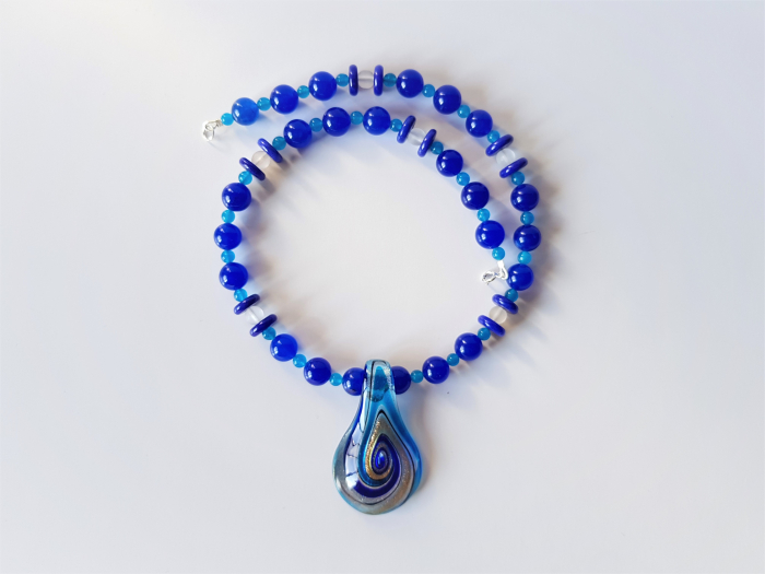Colier cu jad bleumarin, agate si pandantiv Murano [5]