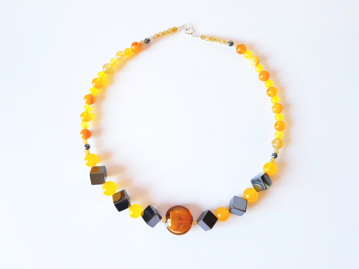 Colier cu jad galben, agate striped, hematit si margea lampwork centrala [2]
