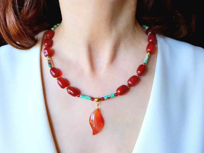 Colier cu jad imperial turcoaz, carneol si agate [8]