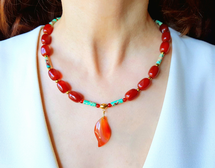 Colier cu jad imperial turcoaz, carneol si agate [8]