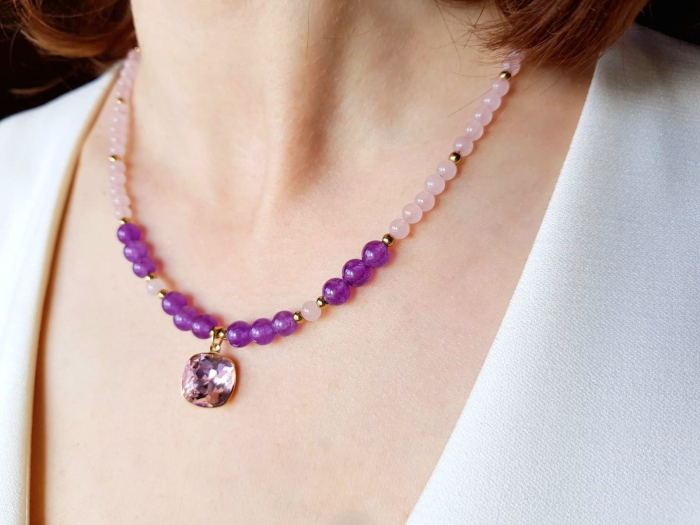 Colier cu jad lila inchis, cuart roz si pandantiv cristal roz [2]