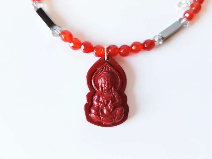 Colier cu jad rosu, hematit si pandantiv cinabru Buddha [6]