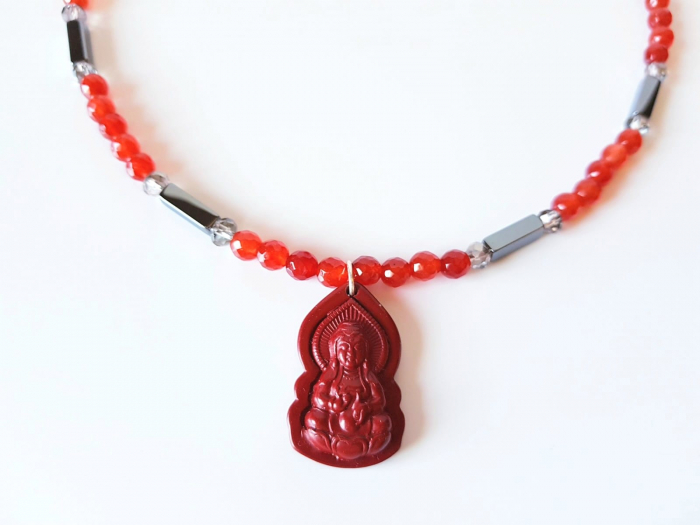 Colier cu jad rosu, hematit si pandantiv cinabru Buddha [3]
