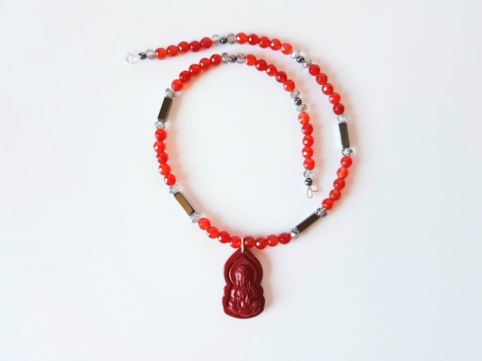 Colier cu jad rosu, hematit si pandantiv cinabru Buddha [7]
