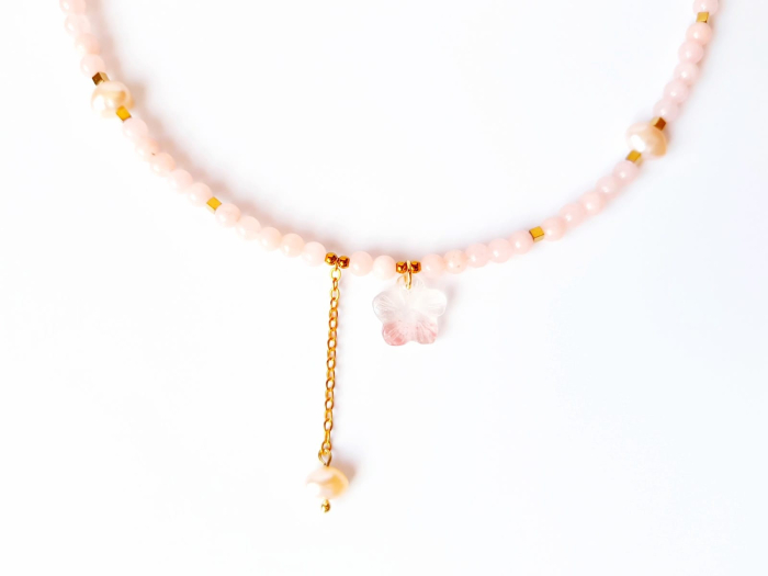 Colier cu jad somon, hematit auriu si pandantiv floricica din cuart chery [4]