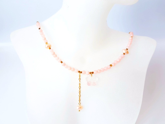 Colier cu jad somon, hematit auriu si pandantiv floricica din cuart chery [5]