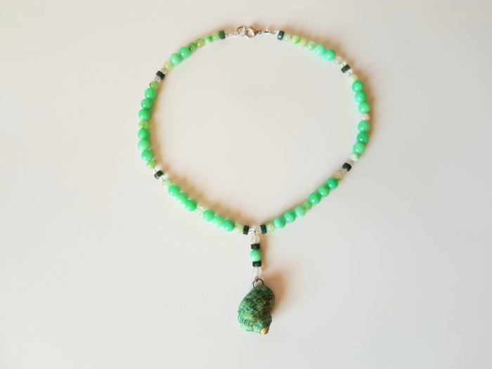 Colier cu jad turcoaz, agate, cristal de stanca si pandantiv scoica naturala [2]