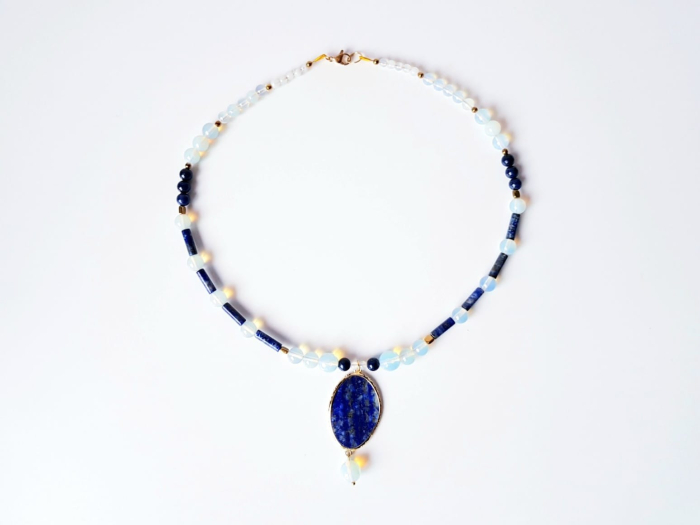 Colier cu lapis lazuli, opalit, hematit auriu si pandantiv lapis lazuli [3]