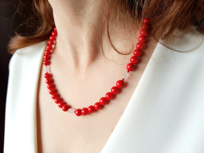 Colier cu scoica rosie, coral si cuart roz [4]