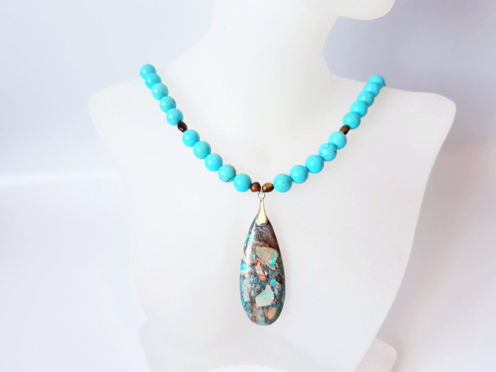 Colier cu turcoaz, ochi de tigru si pandantiv regalite bleu argintiu [6]