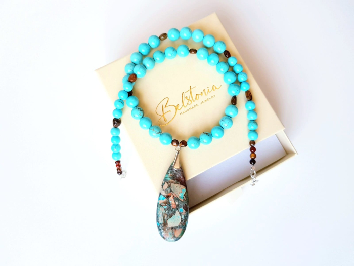 Colier cu turcoaz, ochi de tigru si pandantiv regalite bleu argintiu [7]