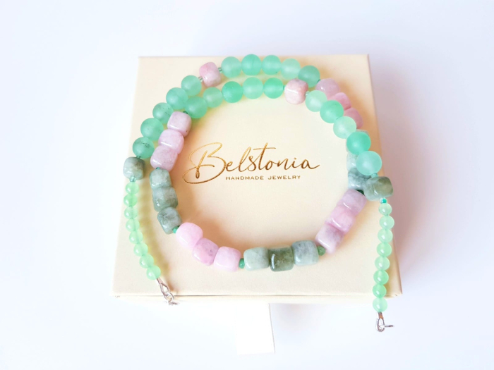 Colier din jad roz verde cuburi [4]