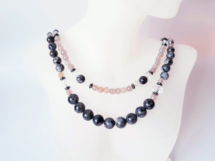 Colier doua siraguri cu labradorit, agat gri si hematit [1]