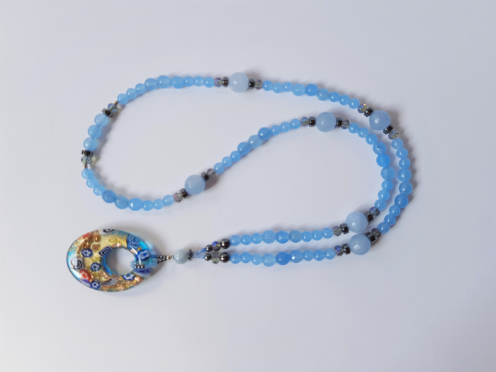 Colier lung cu jad bleu, cristale, hematite si pandantiv lampwork [3]