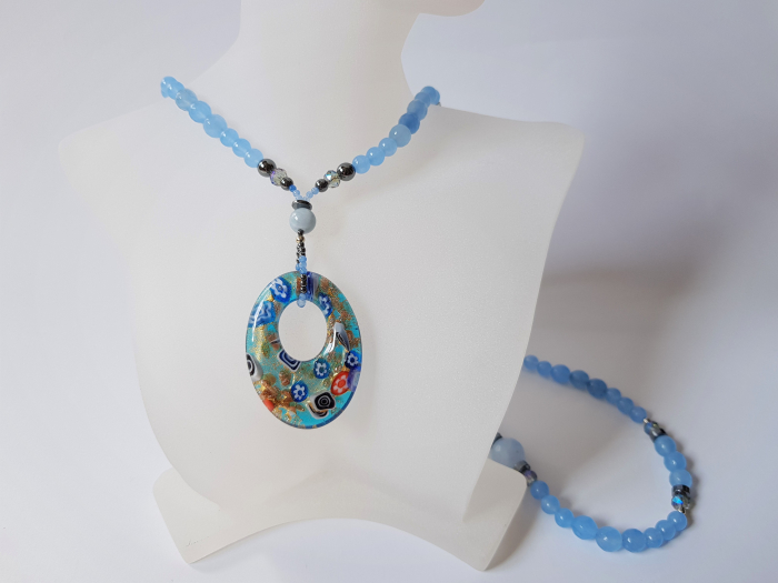 Colier lung cu jad bleu, cristale, hematite si pandantiv lampwork [4]