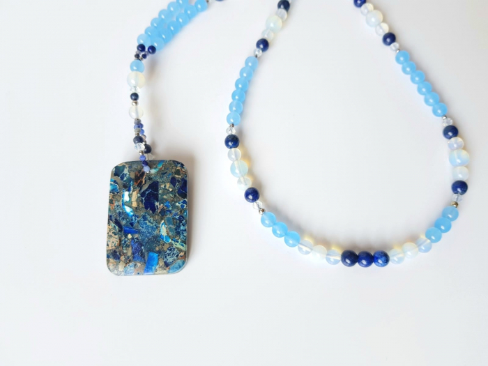 Colier lung cu jad bleu, lapis lazuli, opalit, agat, cristale si jasp imperial [6]