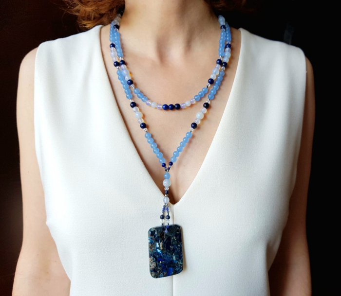 Colier lung cu jad bleu, lapis lazuli, opalit, agat, cristale si jasp imperial [3]