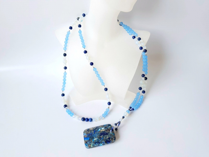 Colier lung cu jad bleu, lapis lazuli, opalit, agat, cristale si jasp imperial [2]