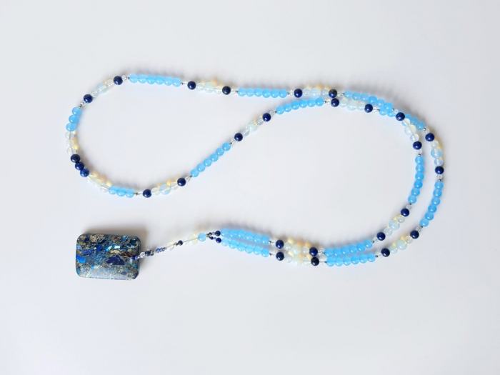 Colier lung cu jad bleu, lapis lazuli, opalit, agat, cristale si jasp imperial [4]