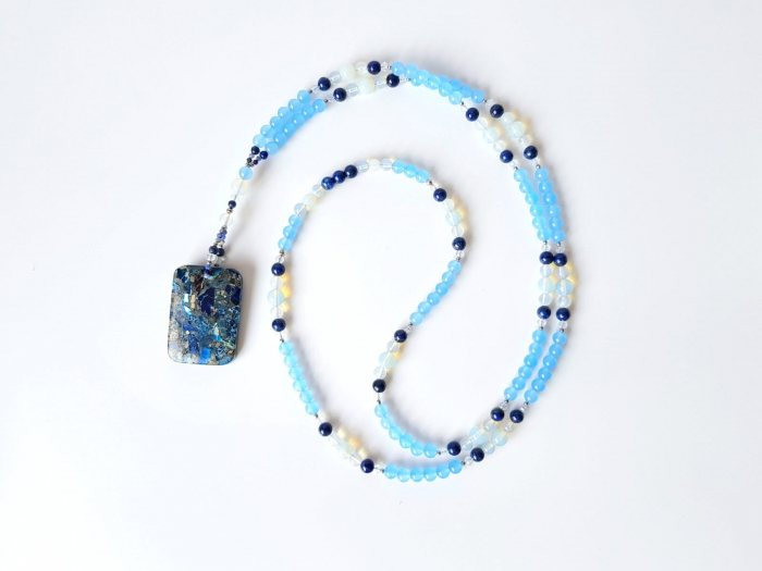 Colier lung cu jad bleu, lapis lazuli, opalit, agat, cristale si jasp imperial [5]