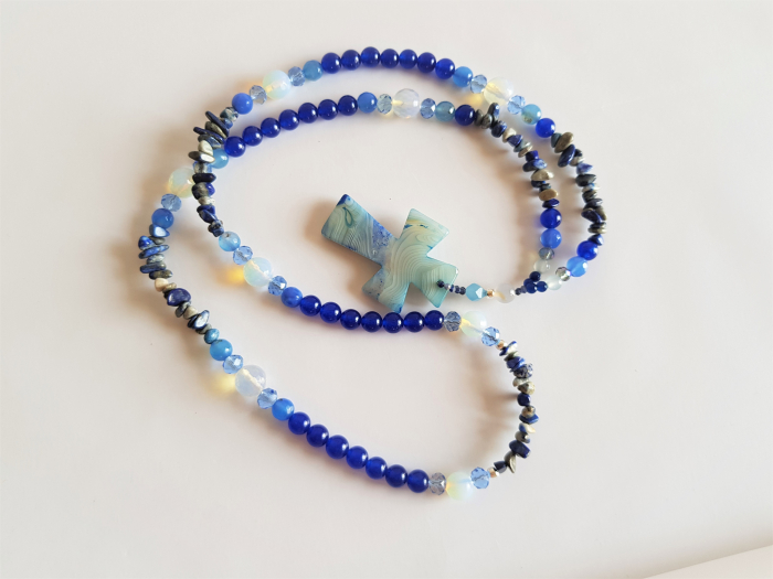 Colier lung cu jad, opalit si lapis lazuli, si pandantiv agata albastra [4]