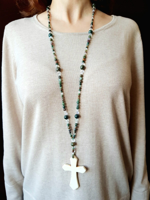 Colier lung din agate indiene cu pandantiv cruce howlit [5]