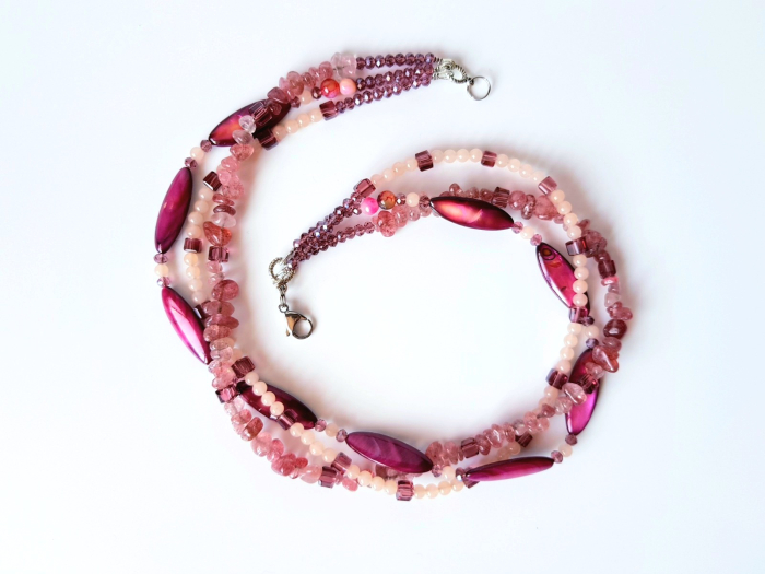 Colier multisir cu jad crem, cuart cherry si sidef visiniu [5]